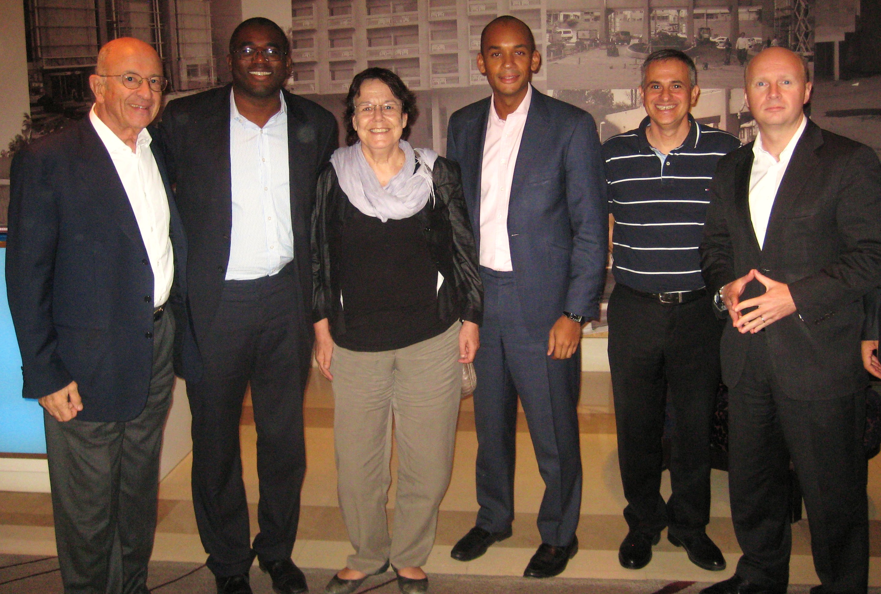 Liam Byrne, Chuka Ummuna, David Lammy and Sir Trevor Chinn with Smadar Nehab of Israel'sTsofen NGO and Jimmy Levy of Galil Software 